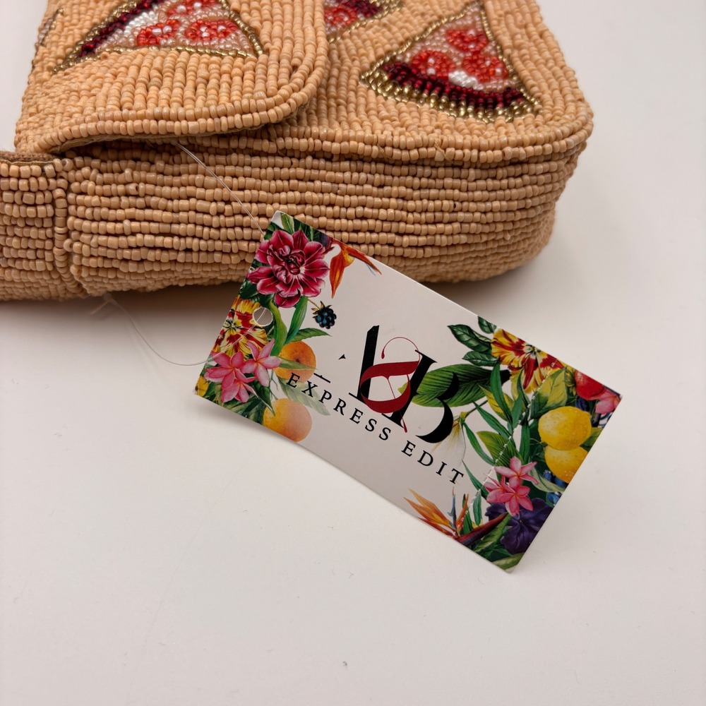 Express Edit Tan Beaded Pizza Slice Shoulder Bag Novelty Baguette Purse NWT - Picture 4 of 7